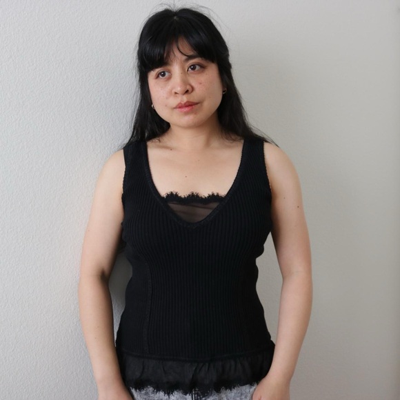Black ribbed tank top with mesh lace detail - Picture 2 of 5